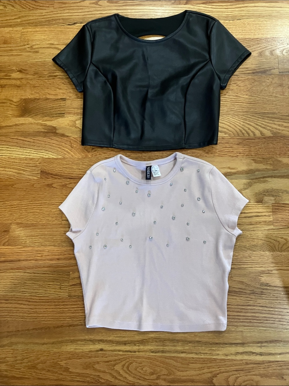 Divided Blush Rhinestone Crop Top and Kirious Black Faux Leather Crop Top Sz S